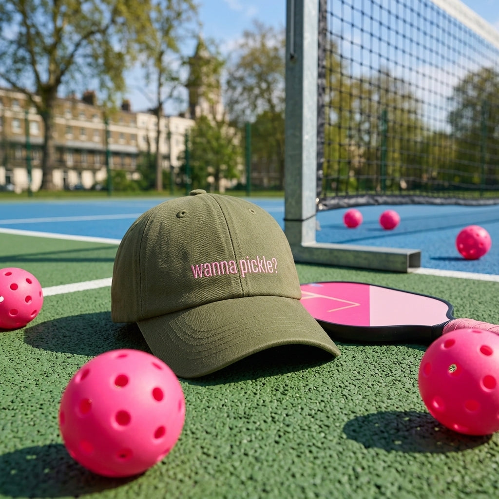 An olive green baseball cap with the pink embroidered text 'wanna pickle?' sits on a pickleball court surrounded by bright pink pickleballs and a paddle.