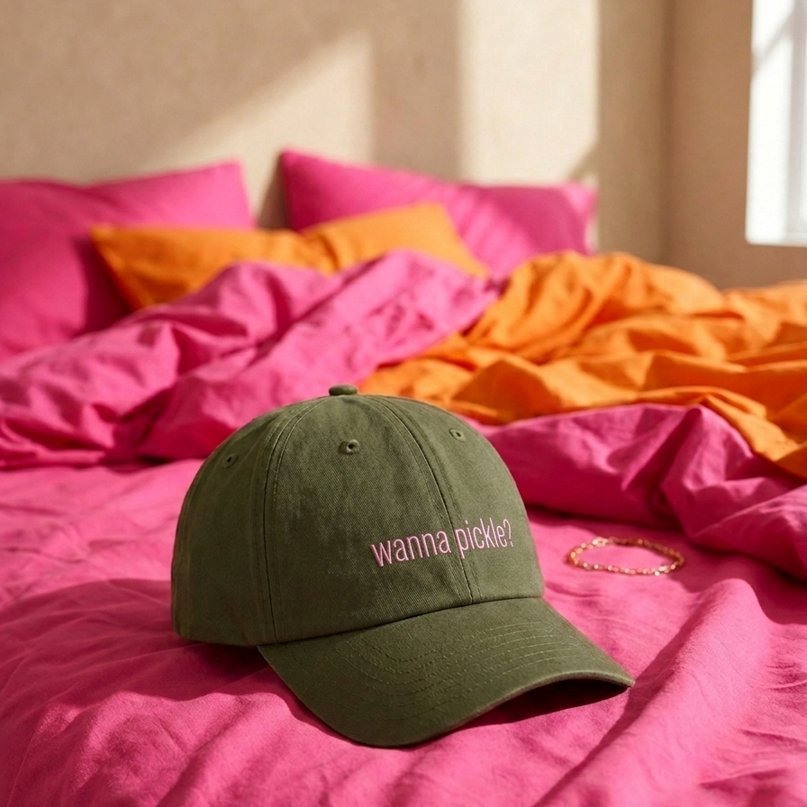 An olive green baseball cap with 'wanna pickled' embroidered in pink on the front, resting on a bed with bright pink and orange bedding.